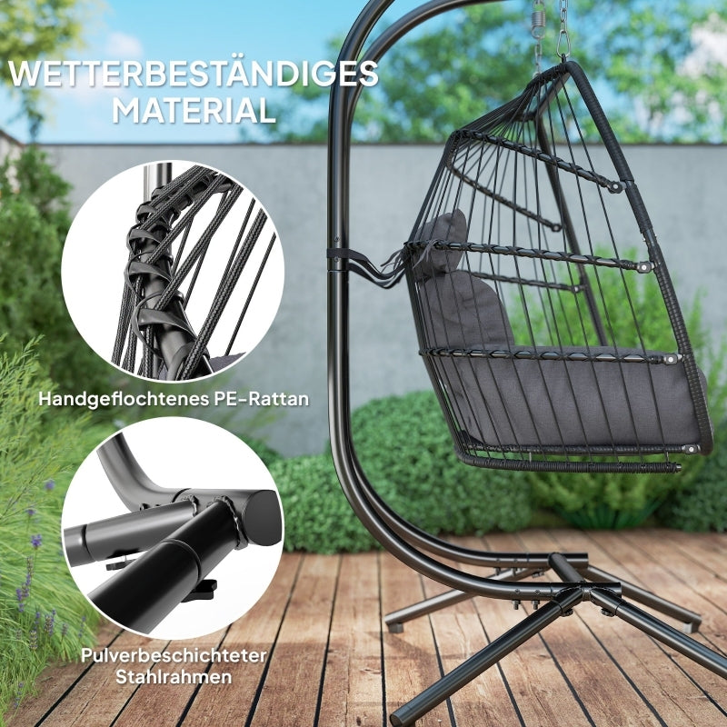 Hängesessel mit Gestell faltbar Hängekorb mit Kissen, Polyrattan, für 2 Personen, belastbar bis 260kg Sessel für Balkon Terrasse, Dunkelgrau