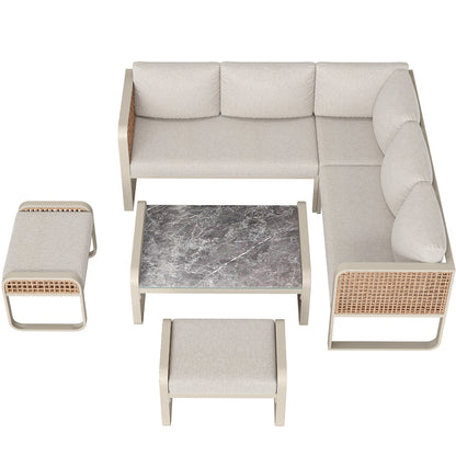 Garten-Lounge-Set, Rattan-Möbel-Set für 6-7 Personen, Ecksofa mit verzinktem Eisengestell, verstellbare Beine, inklusive aller Sitz- und Rückenkissen, beige