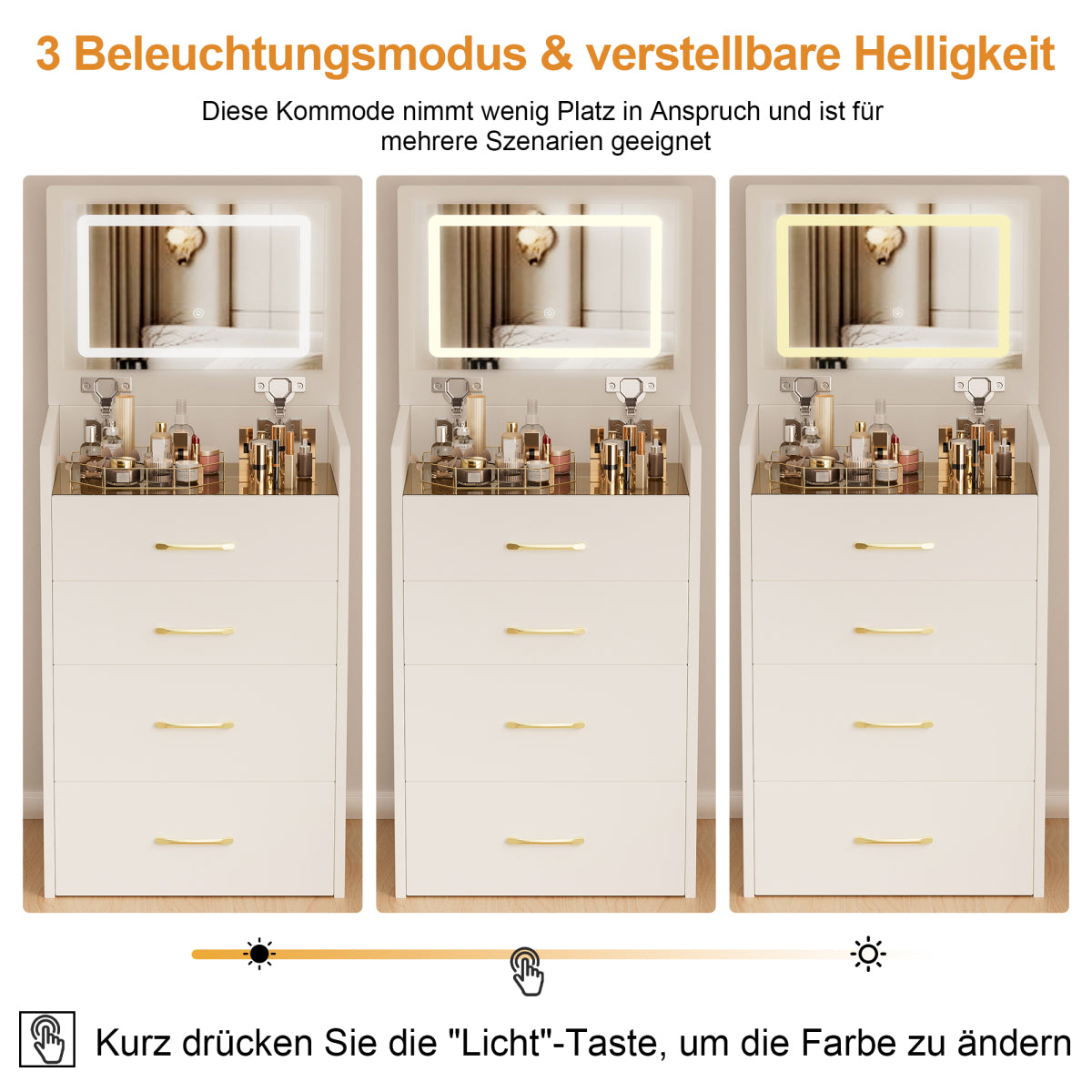 3-in-1-Schminktisch mit Klappspiegel, Glastischplatte, 3 Schubladen, Weiß