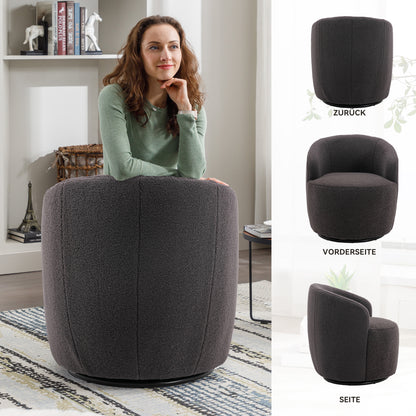 Drehbarer Akzentsessel aus weichem Teddystoff, Barrel Chair mit schwarzem Pulverbeschichtungs-Metallring, Dunkelgrau