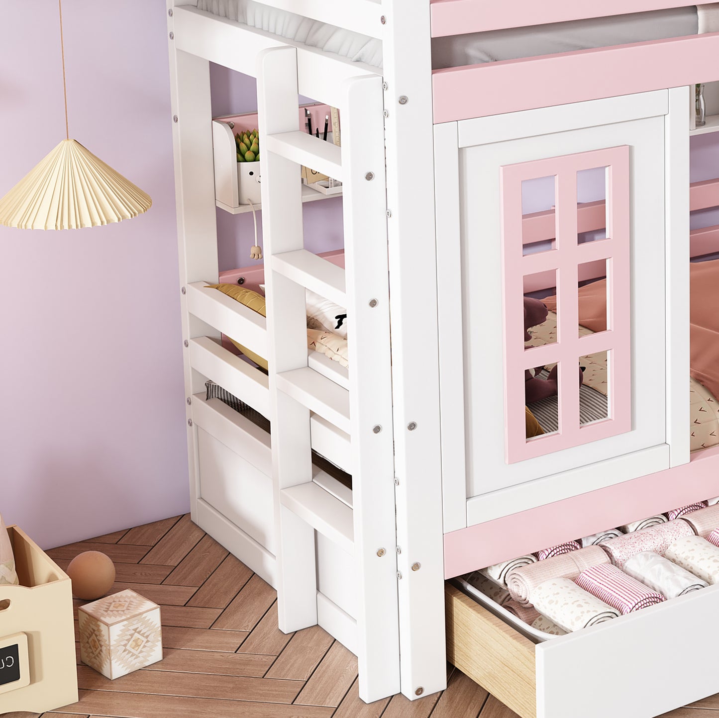 Etagenbett, Prinzessinnenbett, Kinderbett, Kinderbett mit Dach und Fenster, mit Fallschutzgitter, stabiles Geländer, Zwei Schubladen mit Rollen, Offenes Regal, Reichlich Stauraum, Kiefer+MDF,Weiß+Rose
