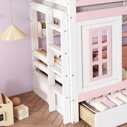 Etagenbett, Prinzessinnenbett, Kinderbett, Kinderbett mit Dach und Fenster, mit Fallschutzgitter, stabiles Geländer, Zwei Schubladen mit Rollen, Offenes Regal, Reichlich Stauraum, Kiefer+MDF,Weiß+Rose