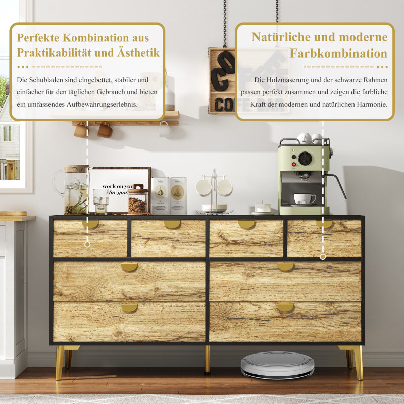 L150*W40*H78cm, Moderne Sideboard mit 8 Schubladen, Schwarz & Holzfarben, Minimalistisches Design, Goldene Metallgriff, Metallfüße, für Wohnzimmer und Esszimmer