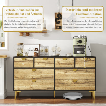 L150*W40*H78cm, Moderne Sideboard mit 8 Schubladen, Schwarz & Holzfarben, Minimalistisches Design, Goldene Metallgriff, Metallfüße, für Wohnzimmer und Esszimmer