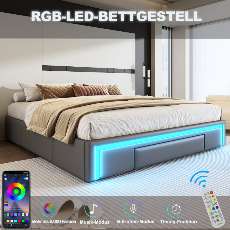 Bettgestell 180X200 mit Schubladen, PU-Leder Bett ohne Kopfteil Mit LED-Lichtleiste, MetalllattenPlattformbett für moderne Schlafzimmer Grau