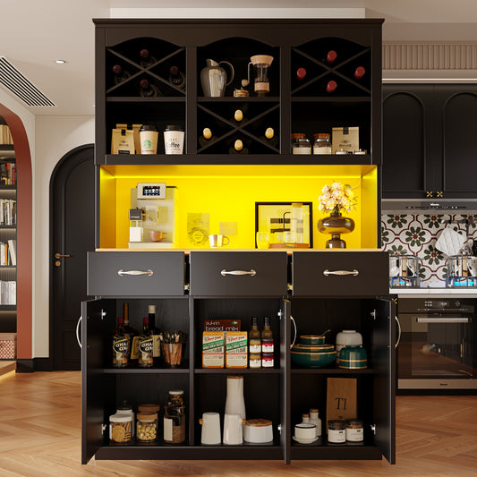 Küchenschrank 120x180cm LED, Hohes Buffet Schwarz, 3 Türen & 3 Schubladen, App-Steuerung, MDF Mehrzweckschrank