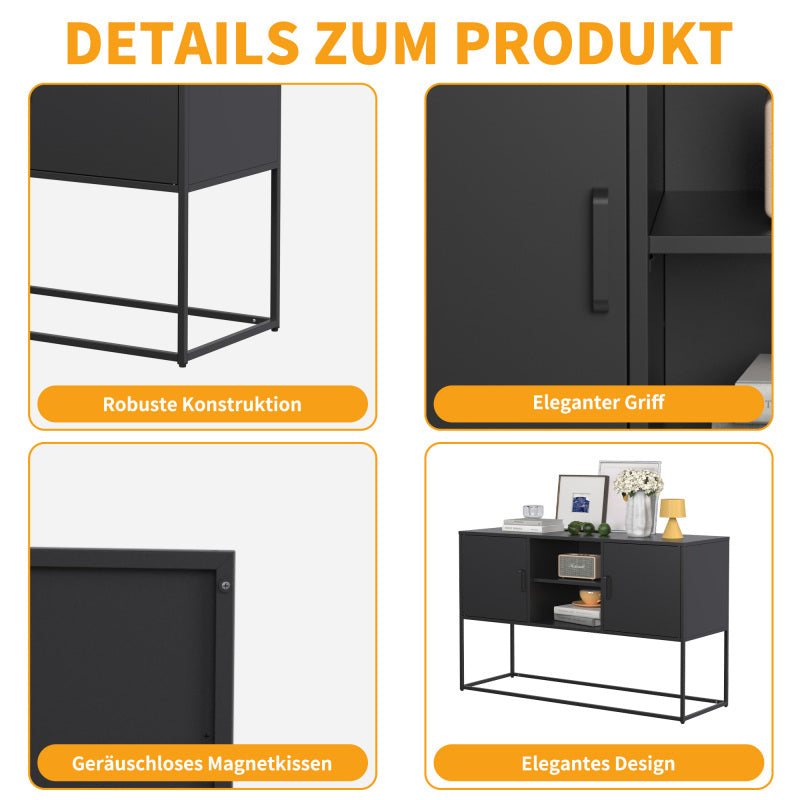 Schwarzer Metall-Akzent-Schrank, Sideboard-Buffet und Aufbewahrungs-Schrank-Safe, Robuster Metallbau mit stilvollem Schwarz, H 75 cm × B 120 cm × T 40 cm