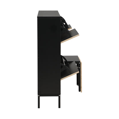 Schuhschrank mit Schuhwechselhocker, dreifach klappbarem Schuhregal und offenem Stauraum, geeignet für Flure, Schwarz + Holzfarbe