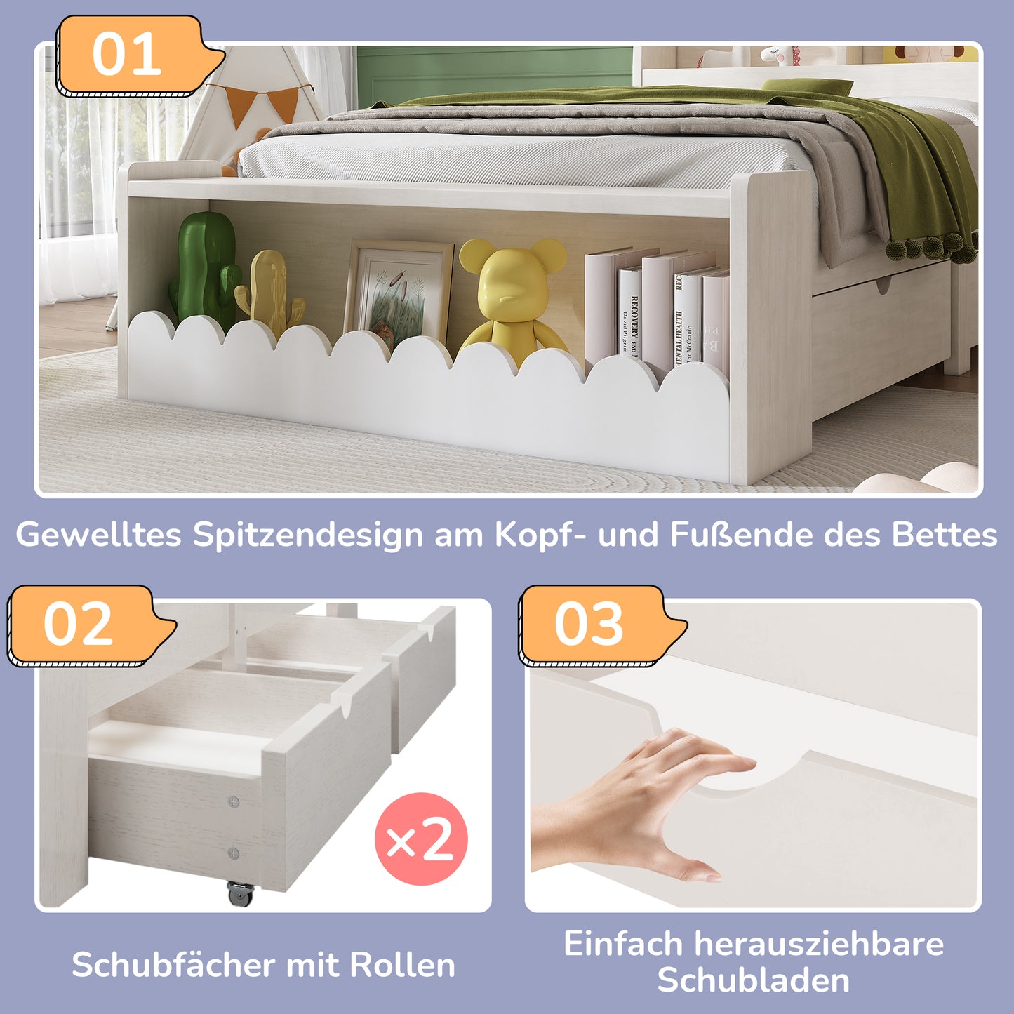 Kinderbett Einzelbett Stauraumbett mit Schubladen, Regal und Sitzbank mit Stauraum, Holzbett 90x190 cm, Weiß mit Eichefarben (Ohne Matratze)