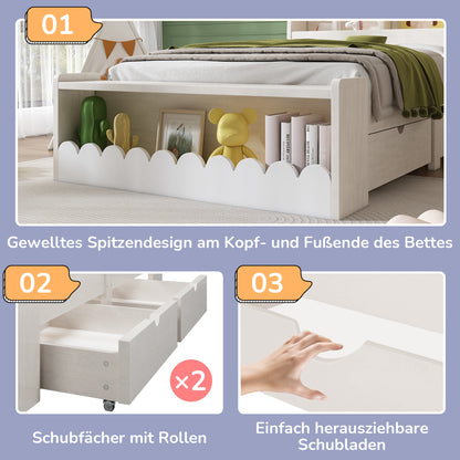 Kinderbett Einzelbett Stauraumbett mit Schubladen, Regal und Sitzbank mit Stauraum, Holzbett 90x190 cm, Weiß mit Eichefarben (Ohne Matratze)
