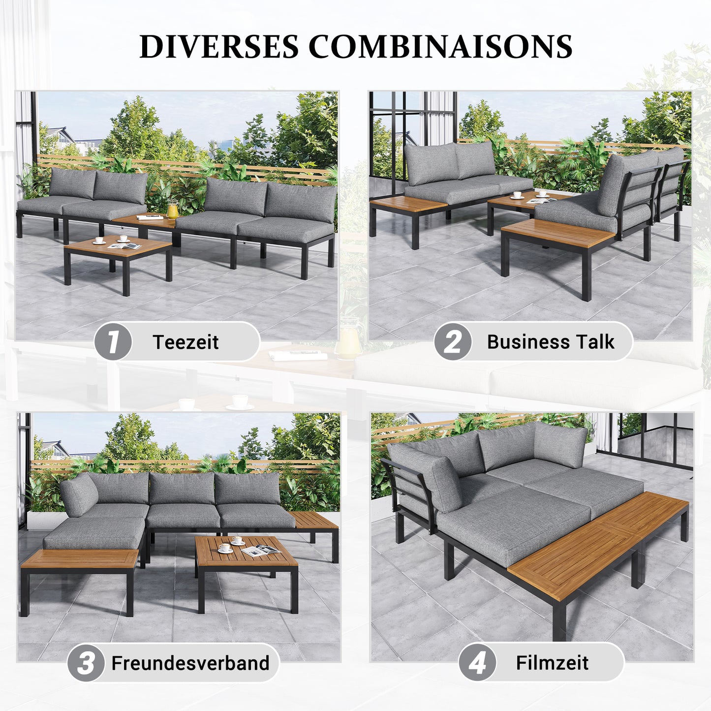 Garten-Lounge-Set (2 Zweisitzer, 2 Beistelltische, 1 Tisch), Tischplatte aus massiver Akazie, Stoffbezug für Rückenlehne, grau(previous sku:HW00005AAE)