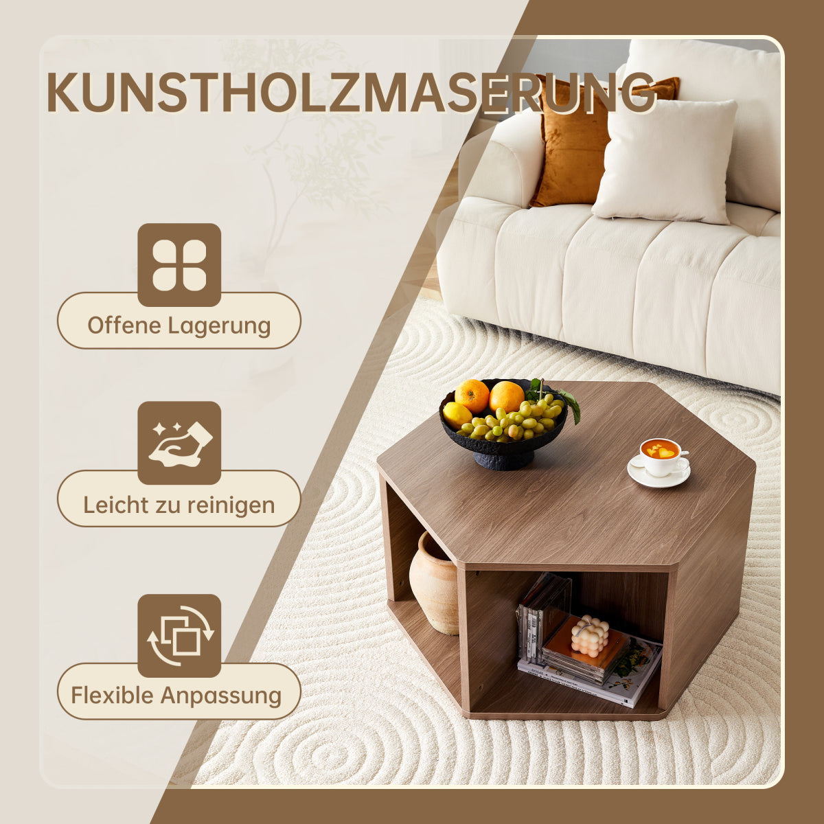 Sechseckiger Couchtisch 79 cm, Walnuss-Optik, Modernes Mid-Century Design