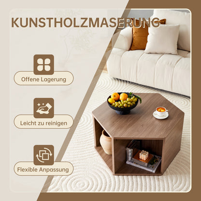 Sechseckiger Couchtisch 79 cm, Walnuss-Optik, Modernes Mid-Century Design