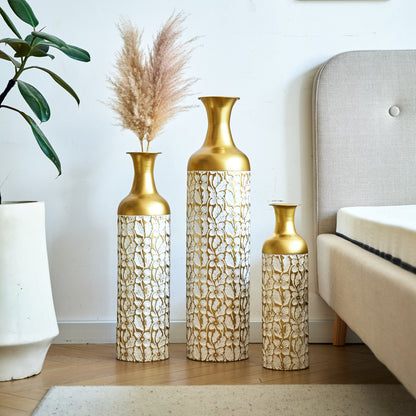 3er Set Bodenvase Metall, Weiß-Gold, Retro Stil, 83/65/50 cm hoch