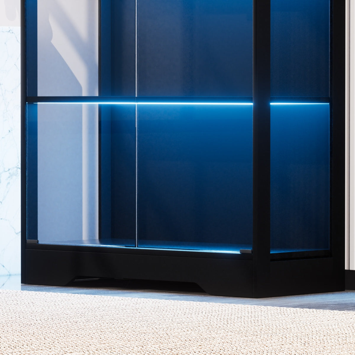 Glasvitrine Schwarz 165 cm hoch, Vitrinenschrank mit LED (3 Farben) & Bewegungssensor, 4 verstellbare Böden