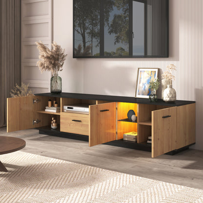 TV-Schrank mit einer Schublade, drei Türen, zwei offene Fächer mit Glas TV-Möbel, TV-Board, TV-Lowboard Feinstruktur. Schwarze und natürliche Holzfarben. 15 variable LED-Leuchten.