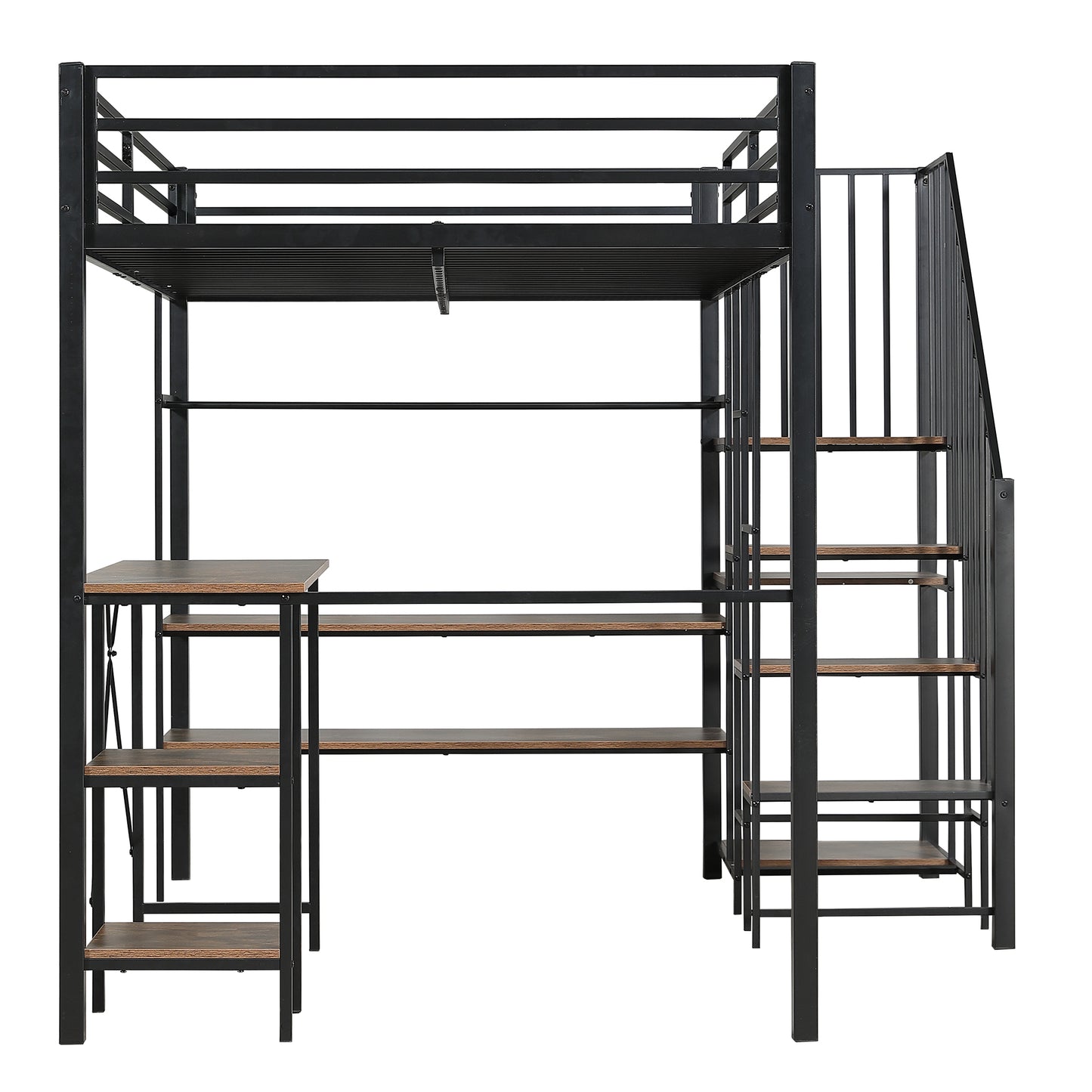 Eisenbett, Etagenbett, Geeignet für Kinder und Jugendliche, Eckleiterschrank mit Stauraum, Mit Tisch und Ablageregal, Mit offenem Kleiderschrank, Eisen+MDF, Schwarz+Vintage-Holzfarbe