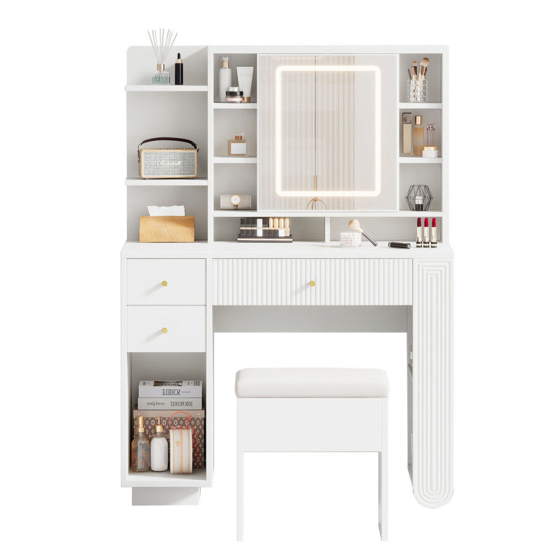 Beleuchteter Schminktisch mit Spiegel & Hocker – Moderner Frisiertisch mit Einstellbarer Helligkeit, Schubladen & Offener Ablage, Weiß, 100×40×138 cm