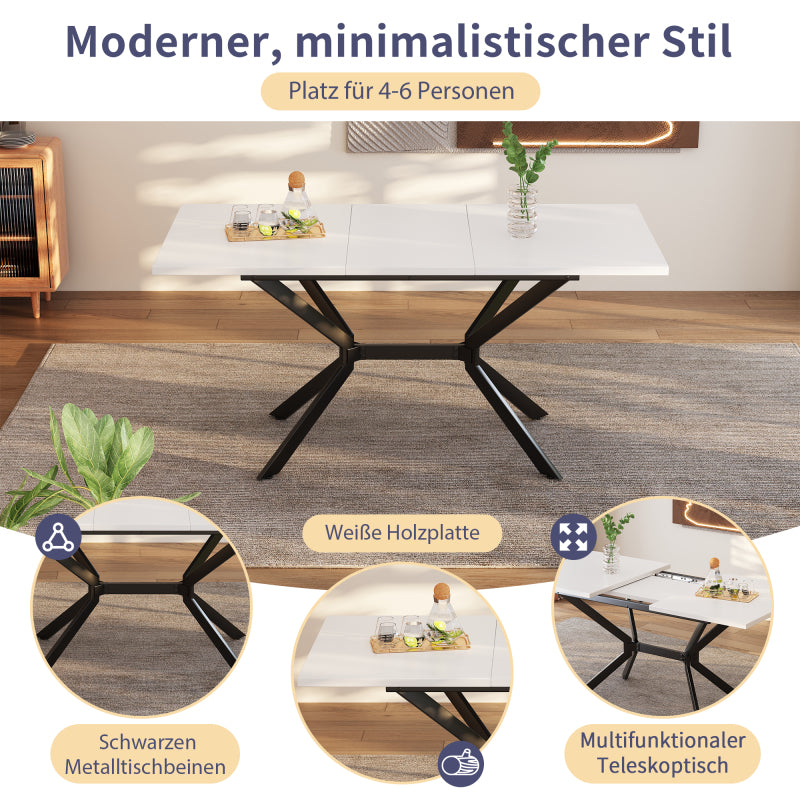 Weißer Erweiterbarer Esstisch 120/160*80 cm, Tischbeine aus schwarzem Metall