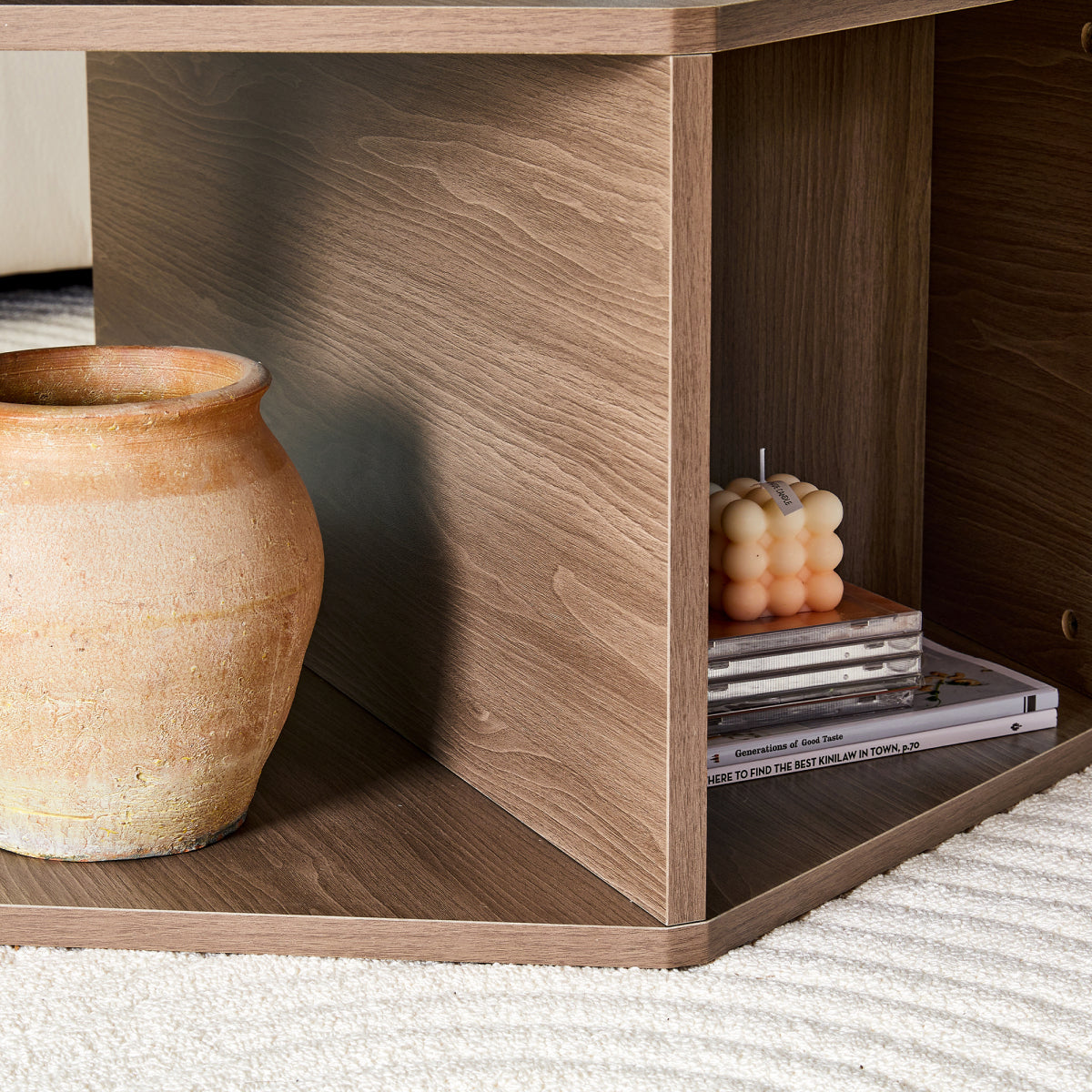 Sechseckiger Couchtisch 79 cm, Walnuss-Optik, Modernes Mid-Century Design