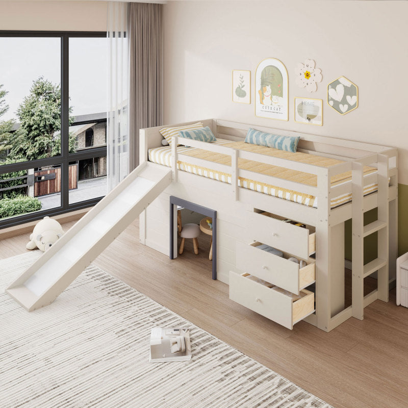 90 x 200 niedriges Hochbett mit Rutsche, drei Schubladen und zwei Türen, Creme