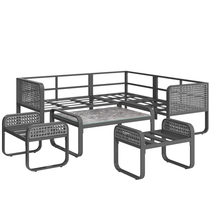 Garten-Lounge-Set, Rattan-Möbel-Set für 6-7 Personen, Ecksofa mit verzinktem Eisengestell, verstellbare Beine, inklusive aller Sitz- und Rückenkissen, grau