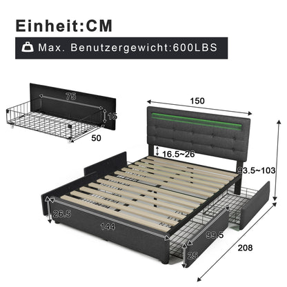 Polsterbett 140x200 cm Grau mit LED & 4 Schubladen - Doppelbett inkl. Lattenrost, Verstellbares Kopfteil & Stauraum (Ohne Matratze)