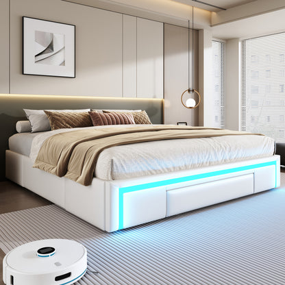 Bettgestell 180X200 mit Schubladen, PU-Leder Bett ohne Kopfteil Mit LED-Lichtleiste, MetalllattenPlattformbett für moderne Schlafzimmer Beige