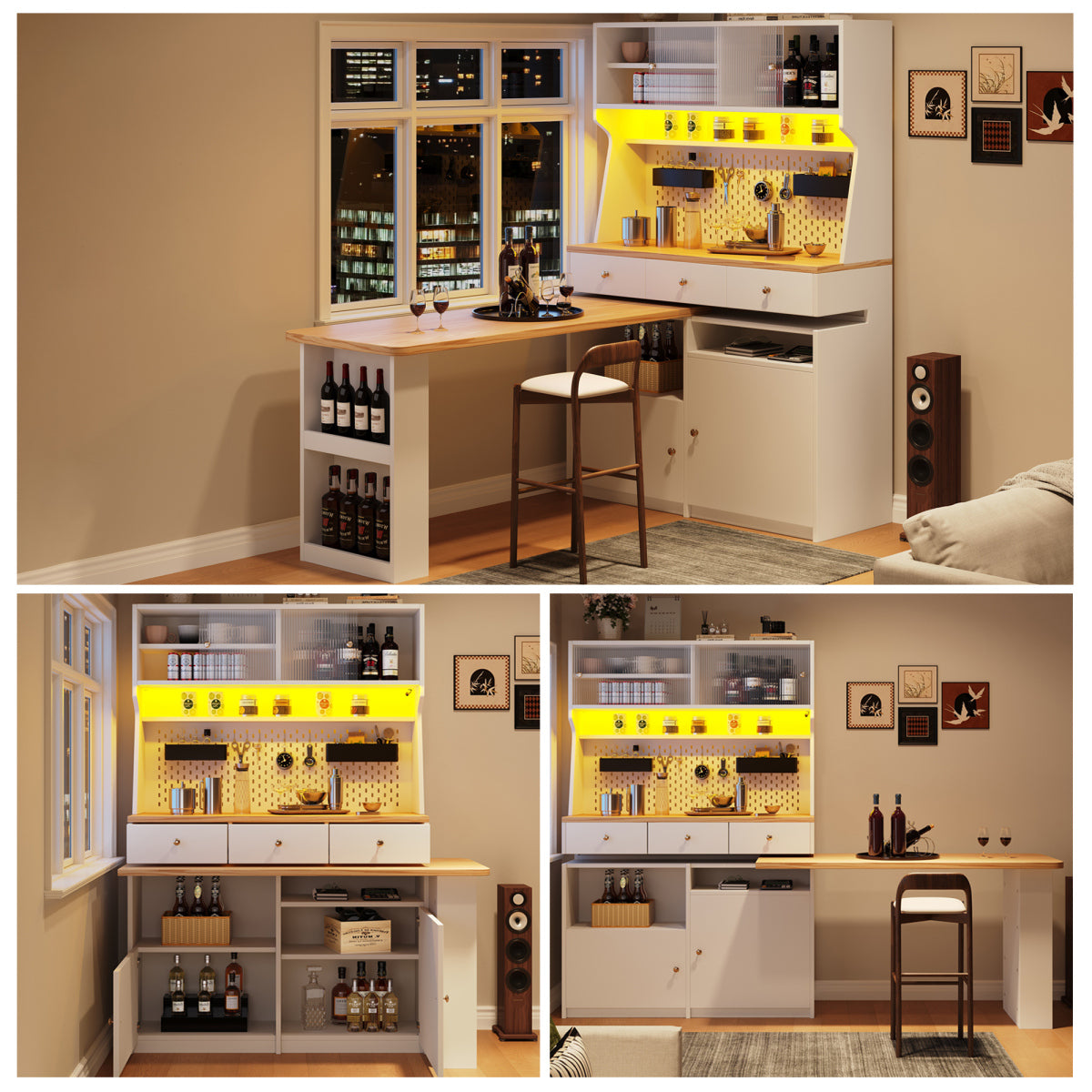 Küchenschrank 137x45x178cm hohes Küchenbuffet mit LED-App-Steuerung, Ausziehbarer Tischplatte & Stecktafel, Mehrzweckschrank MDF Weiß/Holz