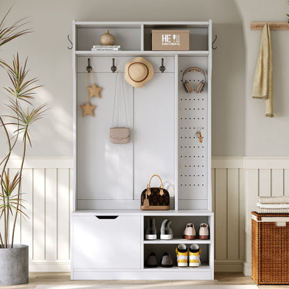 Garderobenset, Komplett-Set Flurgarderobe mit Sitzbank, 6 Haken, 1 Türen & 4 Offener Lagerraum, Weiß