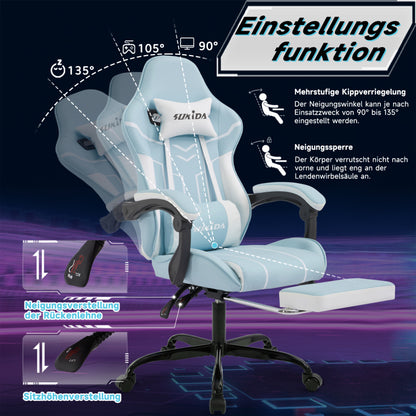 Gaming Stuhl Computerstuhl Ergonomischer Gaming Chair mit Fußstütze Bürostuhl Ergonomischer Computerstuhl mit Lendenwirbelstütze Bluewhite