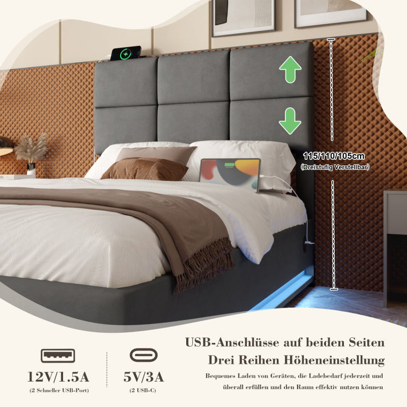 90x200 cm Modernes Velours-Polsterbett mit höhenverstellbarem Kopfteil - Inkl. USB/Type-C-Anschlüssen, LED-Ambientebeleuchtung, hydraulischem Lift-System & XXL-Stauraum (ohne Matratze) - Gray