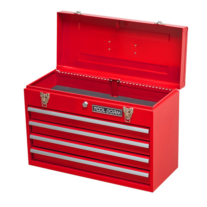 20.3inch Metal Tool Box with Drawers Portable Steel Metal Tool Box with Protective Liner and Metal Latch Closure and Lock for Garage, Home and Warehouse (Red-4 Drawers)