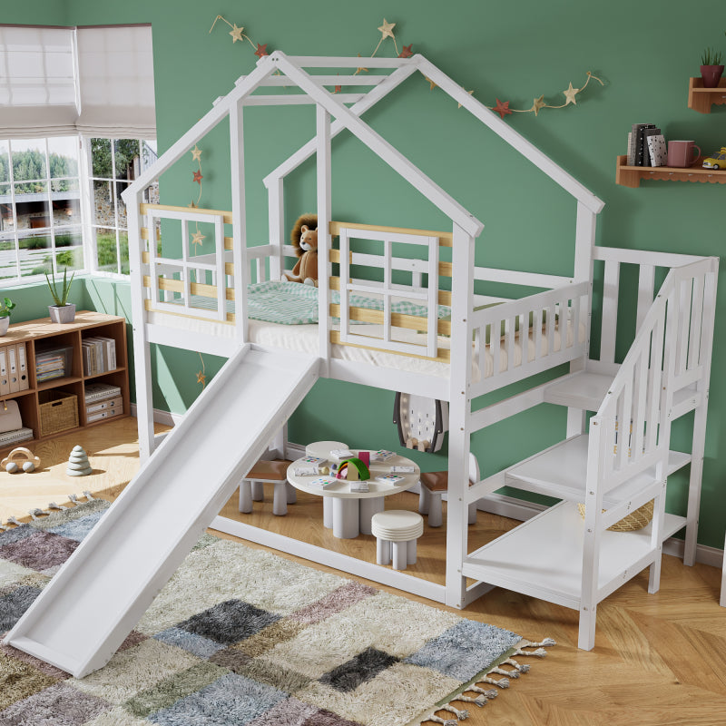 Etagenbett, Holzbett mit Treppe und Gitter, mit Rutsche und Fenster, Blockhaus Kinderbett mit Absturzsicherung, Bettrahmen aus Massivholz, Weiß(90x200 cm)