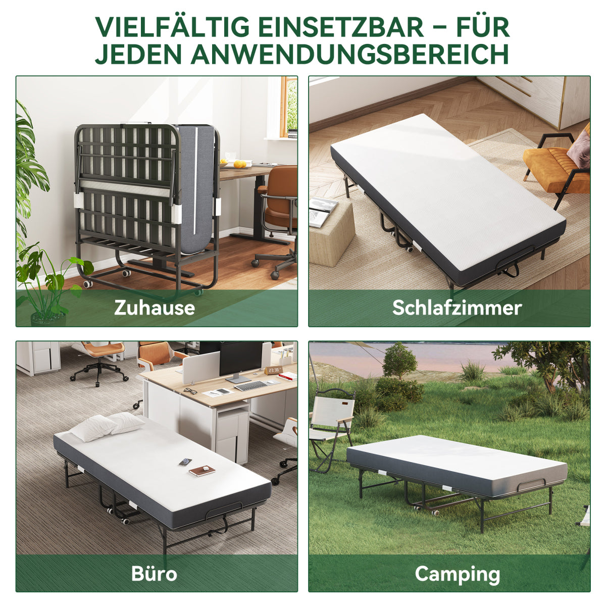 190 × 96 cm Klapp-Twin-Bett mit 9,5 cm Memory-Foam-Matratze, tragbares Gästebett/Rollbett, stabiler Metallrahmen