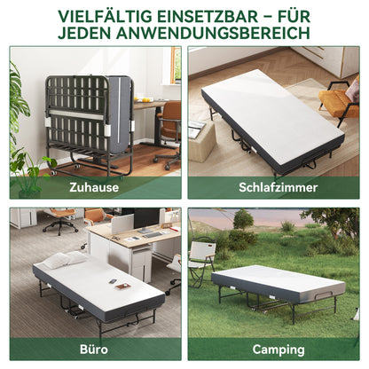 190 × 96 cm Klapp-Twin-Bett mit 9,5 cm Memory-Foam-Matratze, tragbares Gästebett/Rollbett, stabiler Metallrahmen