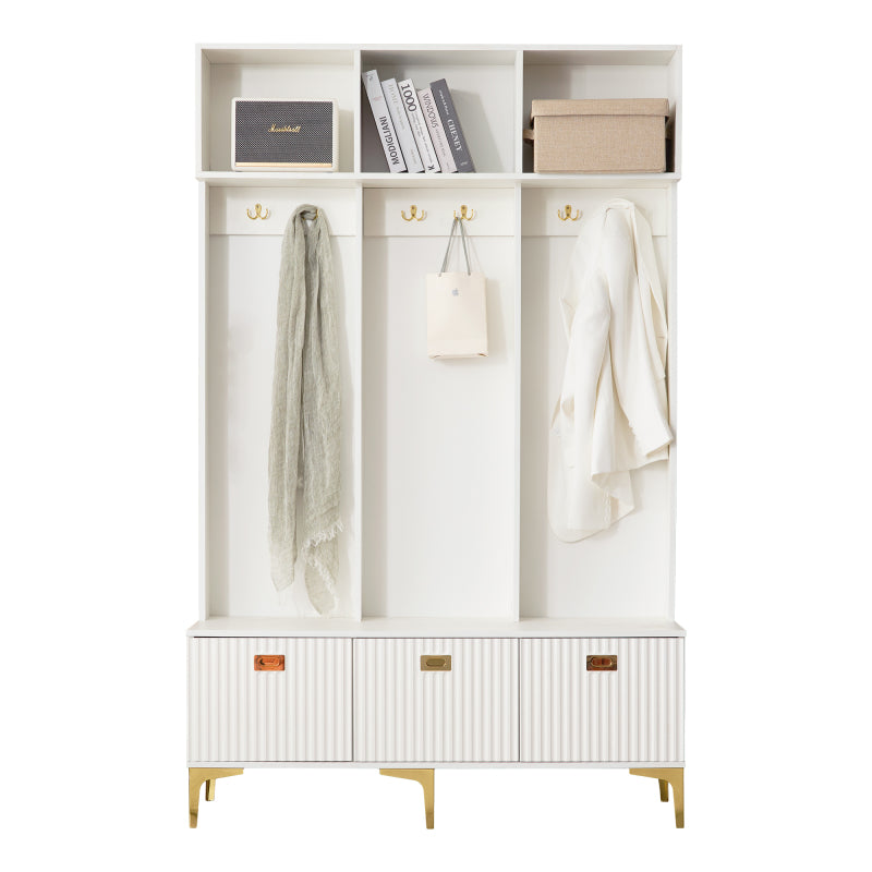 Garderobenset mit Bank, multifunktionale Aufbewahrungsbank, offene Aufbewahrung,6 goldene Haken und Füße, geeignet für Flur, Wohnzimmer, weiß, B120/D40/H191.5CM