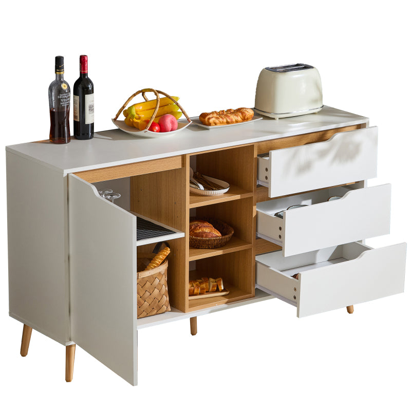 Modernes weißes Sideboard mit Einlegeböden, 3 Schubladen und offenem Stauraum, mit Kippschutz-Design – geeignet für Küche, Esszimmer und Wohnzimmer