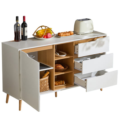 Modernes weißes Sideboard mit Einlegeböden, 3 Schubladen und offenem Stauraum, mit Kippschutz-Design – geeignet für Küche, Esszimmer und Wohnzimmer