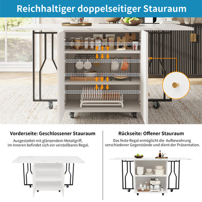 Tragbarer Esstisch, klappbare Tischplatte, marmorierte Tischplatte, geeignet für Esszimmer, Wohnzimmer, verstellbare Trennwände, großes Staufach, 6 Rollen (2 feststellbar), schwarze Tischbeine