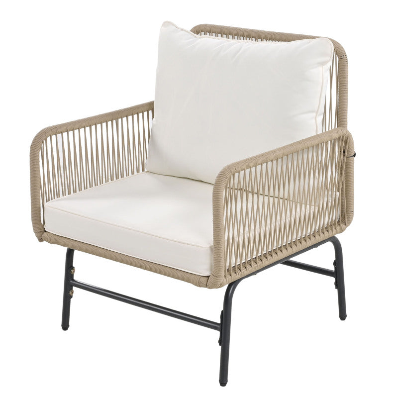 Gartenlounge-Set, Gartenmöbel-Set, Mit Eisenrahmen und beigem Seil, Gartenmöbel aus gewebtem Seil für den Außenbereich, Beige, Zwei Sessel, zwei 2-Sitzer-Sofas und zwei Tische (alle Kissen inklusive)