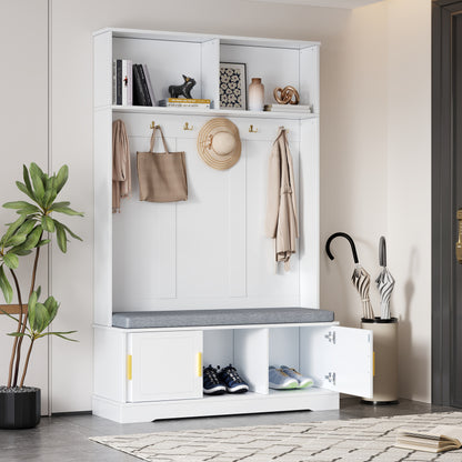 Garderobenständer mit  Schuhbank, Garderobe,  6 Dreifach-Haken,freistehend, platzsparend, für Eingangsbereich,Flur, Weiß