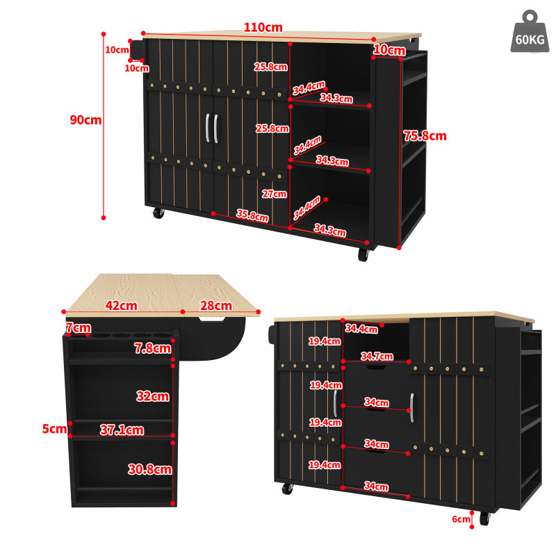 Küchenschrank, Servierwagen mit Holzmaserung, Küchenwagen mit rollen und arbeitsplatte, Küchenwagen mit Gewürzregal und Handtuchhalter, Kücheninsel mit Schiebetüren und Schubladen, schwarz
