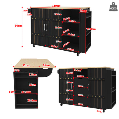 Küchenschrank, Servierwagen mit Holzmaserung, Küchenwagen mit rollen und arbeitsplatte, Küchenwagen mit Gewürzregal und Handtuchhalter, Kücheninsel mit Schiebetüren und Schubladen, schwarz