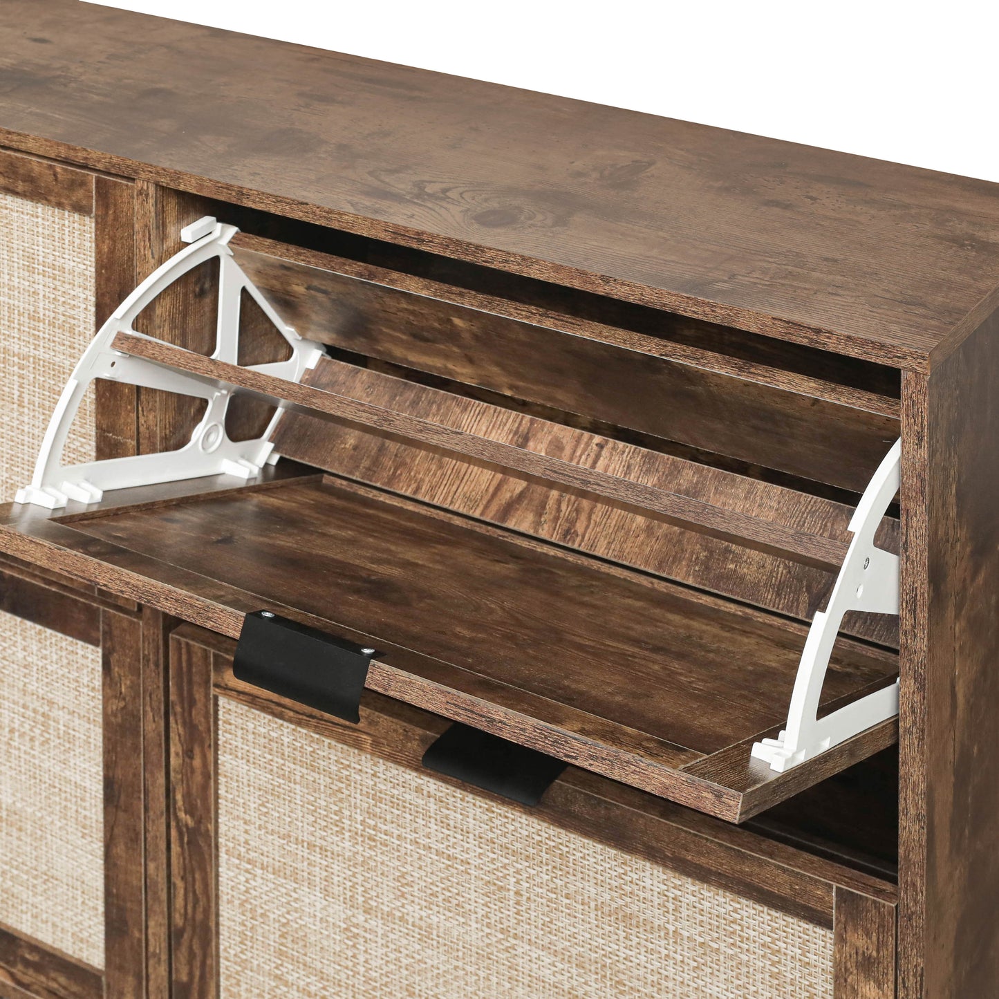Schuhschrank mit vier Türen, Rattan-Optik, doppeltem Regal, mit Rückwand, geeignet für Flure und ähnliche Bereiche, Retrobraun
