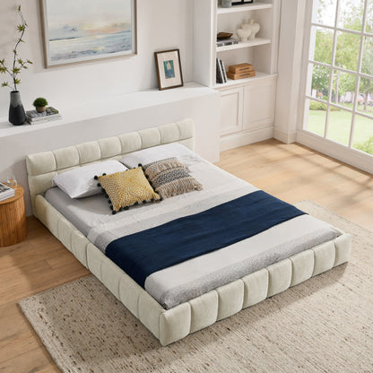 Doppelbett 160x200 cm, Bett mit seidig weichem Chenille - Bezug, quadratischem Steppdesign, Beige (ohne Matratze)