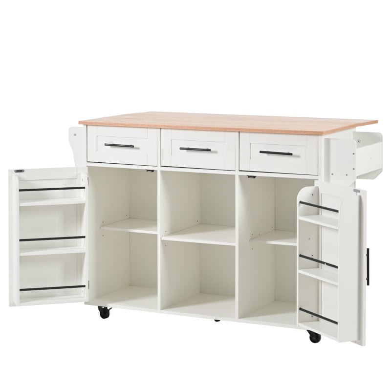139x46(71)x91,5 cm großer Esswagen/Anrichte, Korpus weiß + Arbeitsplatte in Massivholzmaserung, klappbare Arbeitsplatte, Ablagetür, Rollen, auswechselbare Massivholzfüße, geeignet für Esszimmer, Küche