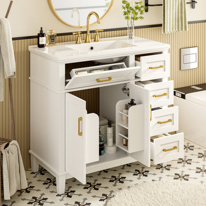 Badezimmer-Unterschrank 90×46×87 cm, weiß lackiert, Keramikwaschbecken, leise Schubladendämpfung, Massivholzbeine, viel Stauraum, goldene Griffe