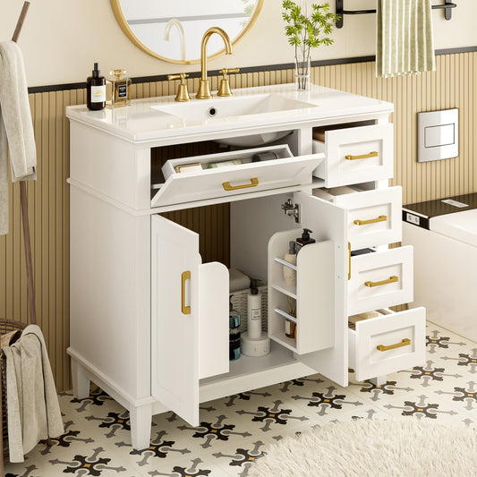 Badezimmer-Unterschrank 90×46×87 cm, weiß lackiert, Keramikwaschbecken, leise Schubladendämpfung, Massivholzbeine, viel Stauraum, goldene Griffe