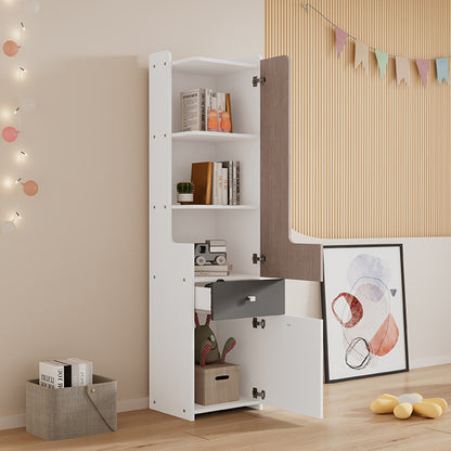 Hohes Bücherregal, Teenager-Regal, mit Schublade, Aufbewahrungsschränke, Weiß + helle Ulmefarbe + Grau